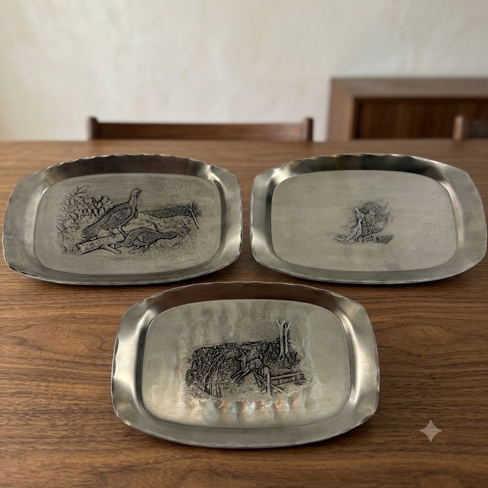 Wendell August Forge Stackpole 12" Hunting Scene Aluminum Tray Set of 3